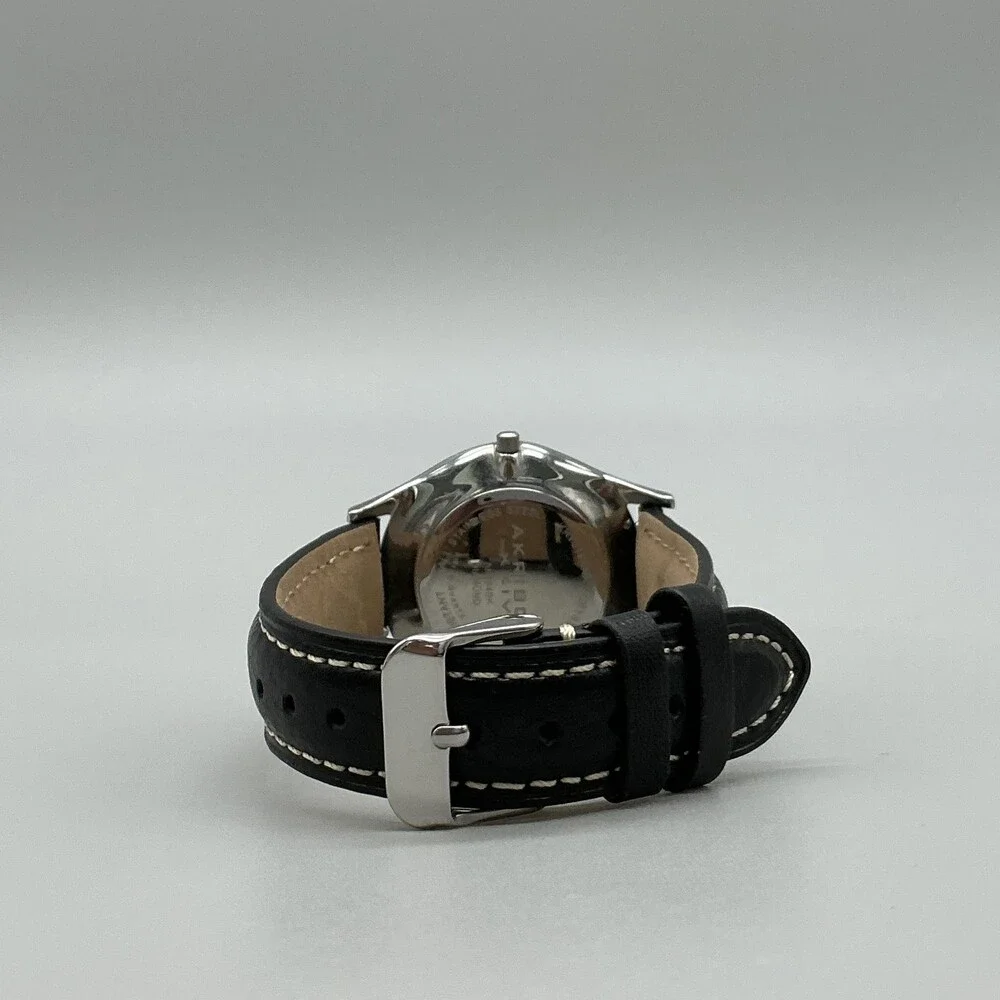 Akribos XXIV AK464BK Womens Watch 36mm Black Dial Leather Diamond New Battery